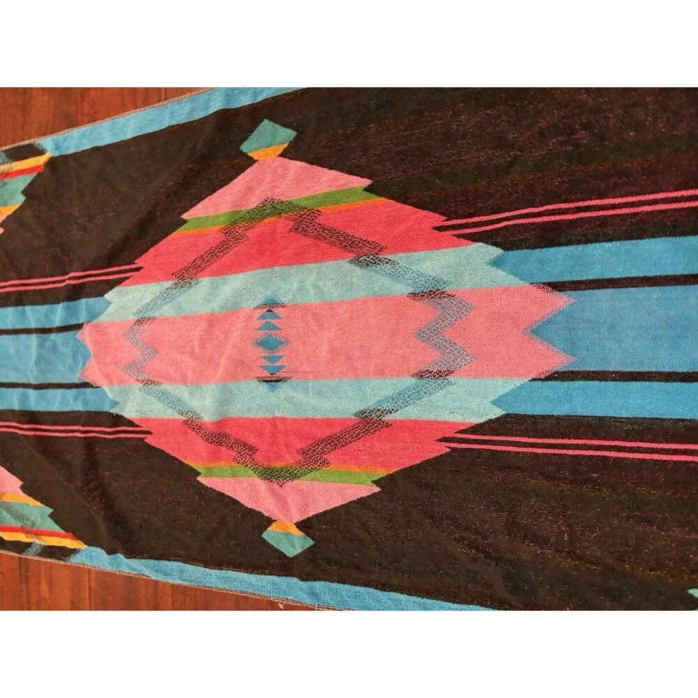 Royal Terry Vintage 1980s Beach Bath Towel Bright Teal Blue Retro Blk Rare Aztec